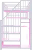 A white bunk bed with pink accents, shown from the side, with stairs and a small closet area. Podgląd zdjęcia produktu