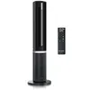 A black tower fan and its remote control are displayed against a white background. Podgląd zdjęcia produktu