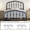 A black metal bed frame with a crown motif headboard, shown in a bedroom setting with nightstands on either side. The bottom of the image includes a diagram illustrating how the bed frame's slats prevent mattress slippage. Podgląd zdjęcia produktu