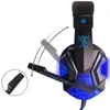 A gaming headset with blue LED lights and a microphone that can be flipped up or down. Voir les images du produit