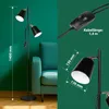 A collage of images showing a black and gold floor lamp, its dimensions, and a close-up of its switch and cable. Náhled obrázku produktu