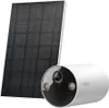 A white security camera and a solar panel are shown against a white background. Produktbild-Vorschau