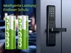 Two AA batteries are shown next to a digital door lock. Produktbild-Vorschau