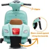 A rear view of a blue toy electric scooter with labels pointing out features. Podgląd zdjęcia produktu