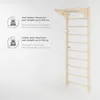 A wooden wall ladder with a pull-up bar attached, shown against a plain background with informational callouts. Produktbild-Vorschau
