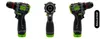 Three views of a cordless drill, with a logo on the right. Produktbild-Vorschau