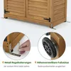 Close-up views of a wooden garden cabinet's features, including metal shelf supports and adjustable feet. Produktbild-Vorschau