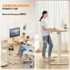 A split image showing a standing desk with a person using it and a separate section with measurements and a person sitting at a desk. Anteprima dell’immagine prodotto