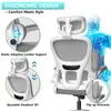 A white ergonomic office chair is shown with diagrams highlighting its features. A blue, translucent illustration of a human skeleton is superimposed on the right side of the image. Voir les images du produit