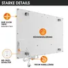 The back of a white infrared heating panel with various features highlighted with text and icons. Produktbild-Vorschau