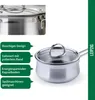 A stainless steel saucepan with a glass lid, shown from a diagonal angle, with feature callouts. Produktbild-Vorschau