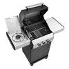 A gas grill with its lid open, showing the cooking grates and a side burner. Produktbild-Vorschau