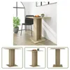 A square bistrot table with a wooden finish is shown in a room setting with a chair and a plant. The table is also shown in three separate views below. Náhled obrázku produktu