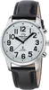 A close-up studio shot of a men's wristwatch with a black leather strap and a white face. Produktbild-Vorschau
