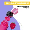 A pink water bottle with its lid and filter disassembled, set against a purple and white background with text overlays and a cartoon raspberry. Voir les images du produit