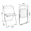 Two views of a transparent folding chair, one open and one folded, with dimensions indicated. Produktbild-Vorschau