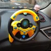 Gelb-schwarzes Spielzeuglenkrad mit blauen Tasten und Tachometer, montiert auf einem Auto-Armaturenbrett Voir les images du produit