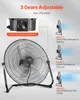 A large floor fan is displayed alongside graphics explaining its three speed settings and maximum CFM. Voir les images du produit