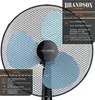 A close-up view of a black stand fan with blue blades, featuring marketing text and icons on the right and bottom left. Náhľad obrázku produktu