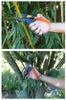 Two close-up shots of a hand holding pruning shears, demonstrating their use on plants. Produktbild-Vorschau