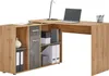 A modern L-shaped desk with integrated shelving and storage units, presented against a white background. Produktbild-Vorschau