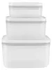 A stack of three white plastic food storage containers of varying sizes, with gray lids. Produktbild-Vorschau