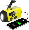 A yellow and black emergency radio is shown connected to a smartphone, which is charging. Produktbild-Vorschau