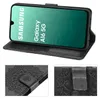 A Samsung Galaxy A16 5G phone in a black wallet case, with close-up views of the case's embossed design. Produktbild-Vorschau