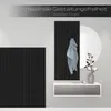 A modern entryway with black slatted wall panels, a coat rack with a hanging garment, a floating shelf with decorative items, and a round mirror. Produktbild-Vorschau