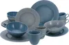 A collection of blue and gray ceramic dishes and mugs arranged on a white background. Produktbild-Vorschau