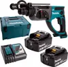 A collection of Makita power tools and accessories, including a rotary hammer, batteries, charger, and case, laid out on a white background. Voir les images du produit