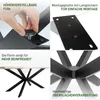 A collage of four images showing details of a table base, including adjustable feet, a mounting plate, legroom, and the overall design of the base. Produktbild-Vorschau
