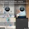 A split image showing a bathroom before and after using a dehumidifier and air purifier. The 'before' side shows a steamy, humid bathroom with water droplets and high humidity levels (85%). The 'after' side shows a dry, clean bathroom with a dehumidifier i Produktbild-Vorschau