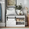 A white shoe bench with storage and a sliding barn door, decorated with home accessories. Anteprima dell’immagine prodotto