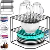 A corner shelf unit with kitchen items, including glasses, bowls, and plates. Several circular insets show other items like folded towels, stacked dishes, books, and bottles. Náhled obrázku produktu