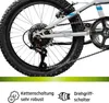 Close-up of a bicycle's rear derailleur and chain, with text descriptions of features. Produktbild-Vorschau