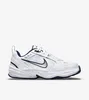 A white Nike Air Monarch IV shoe with navy accents is shown against a white background. Produktbild-Vorschau