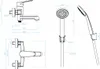 Technical drawing with dimensions of a bathroom faucet and shower head. Podgląd zdjęcia produktu