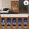 A living room scene featuring a tall, rustic-style cabinet with LED lighting, a sofa, and a plant. The bottom of the image displays screenshots of a mobile app controlling the LED lights. Produktbild-Vorschau