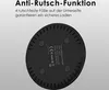 The underside of a black wireless charging pad is shown, with text describing its anti-slip function. Produktbild-Vorschau