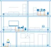 Diagram showing a multi-story house with a wired and wireless network setup. Podgląd zdjęcia produktu