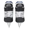 A pair of black CCM hockey skates with white laces and blue accents, shown from the front on a white background. Voir les images du produit