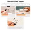 Close-up shots of the product's power input ports and battery slots, with accompanying text explaining different power supply options. Produktbild-Vorschau