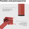 Close-up of a red metal table leg and a red metal bracket with text describing features. Produktbild-Vorschau