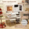 A white vanity table with a lighted mirror, jewelry cabinet, and drawers, decorated for Christmas. Voir les images du produit