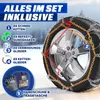 A car tire with snow chains installed, surrounded by snow and winter scenery. Various components of the snow chain set are illustrated and labeled. Produktbild-Vorschau