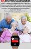 Four elderly people are laughing together, with a smartwatch in the foreground displaying an SOS function. Náhled obrázku produktu