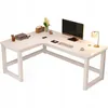 A white L-shaped computer desk with various office supplies and electronics on it. Produktbild-Vorschau