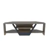 A corner TV stand with a wood-grain finish and dark metal accents. Produktbild-Vorschau