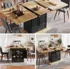 A collage of images showing a dining table with chairs in different settings, highlighting its extendable feature and storage. Produktbild-Vorschau